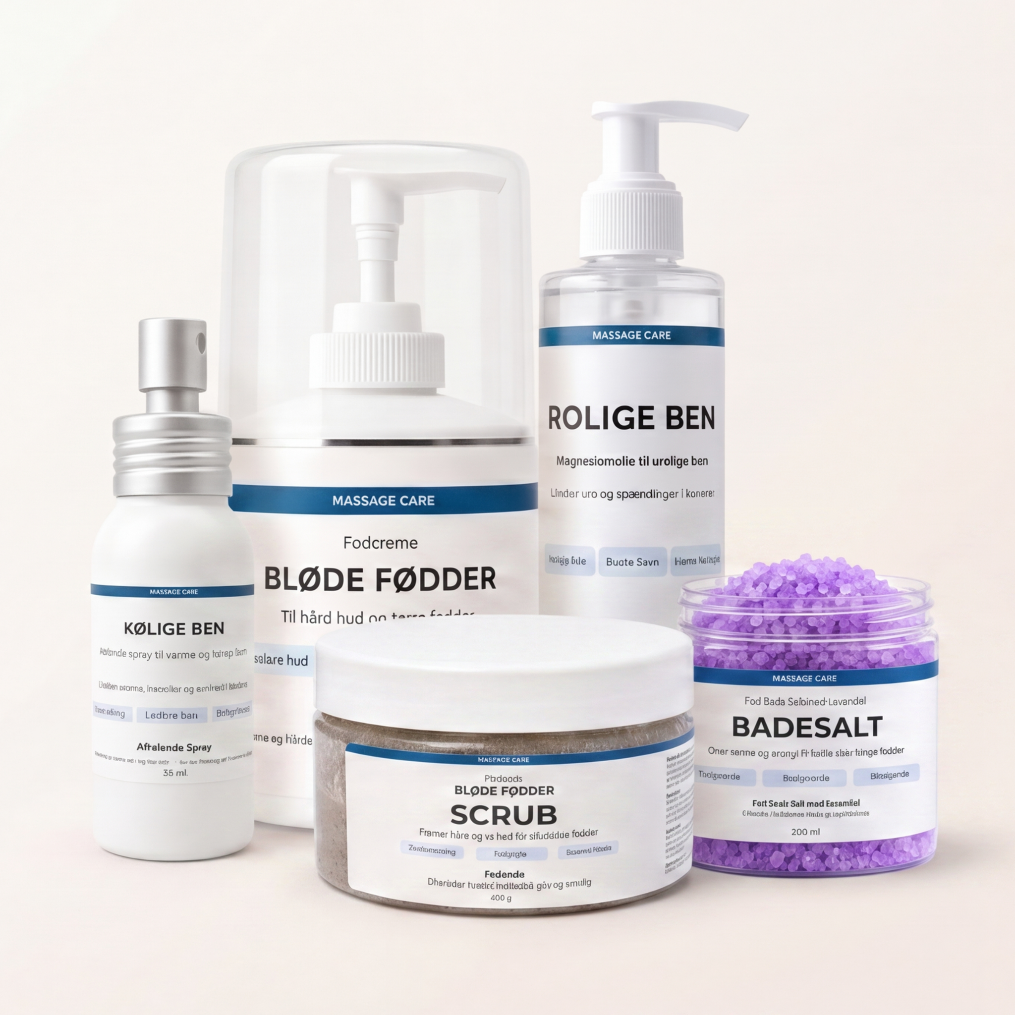 Fodplejepakken med badesalt, scrub, fodcreme, magnesium olie og kølende spray
