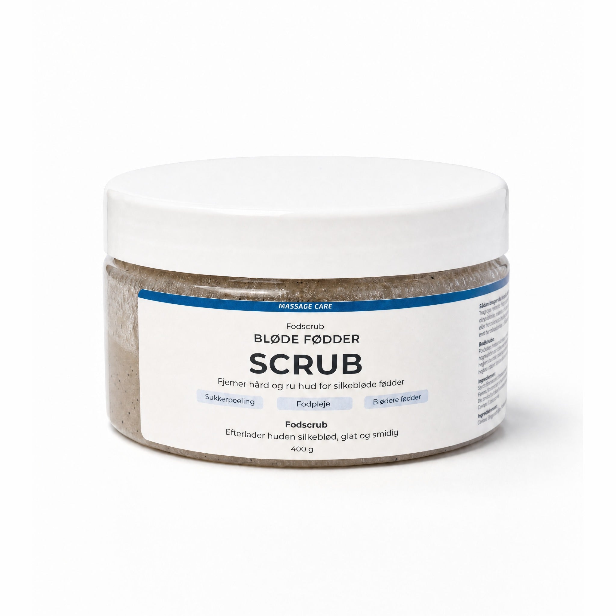 Fodscrub Bløde Fødder Scrub 400 g fra Massage Care i hvid bøtte
