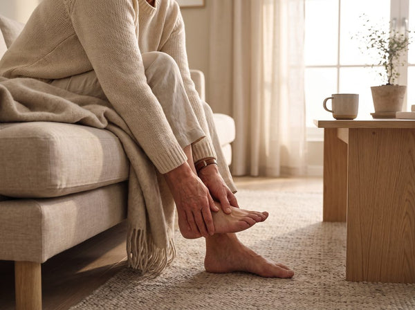 Kvinde sidder i sofaen og holder om sin fod